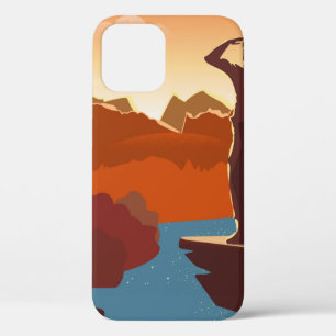 Traveller or explorer with backpack, standing on t iPhone 12 case
