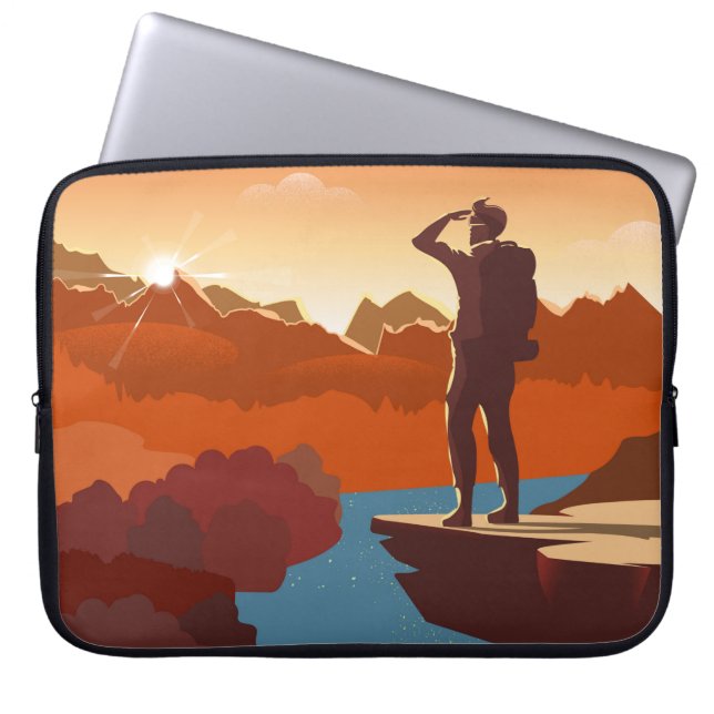 Traveller or explorer with backpack, standing on t laptop sleeve (Front)