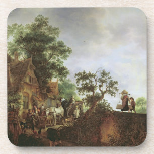Travellers by an Inn (oil on canvas) Coaster