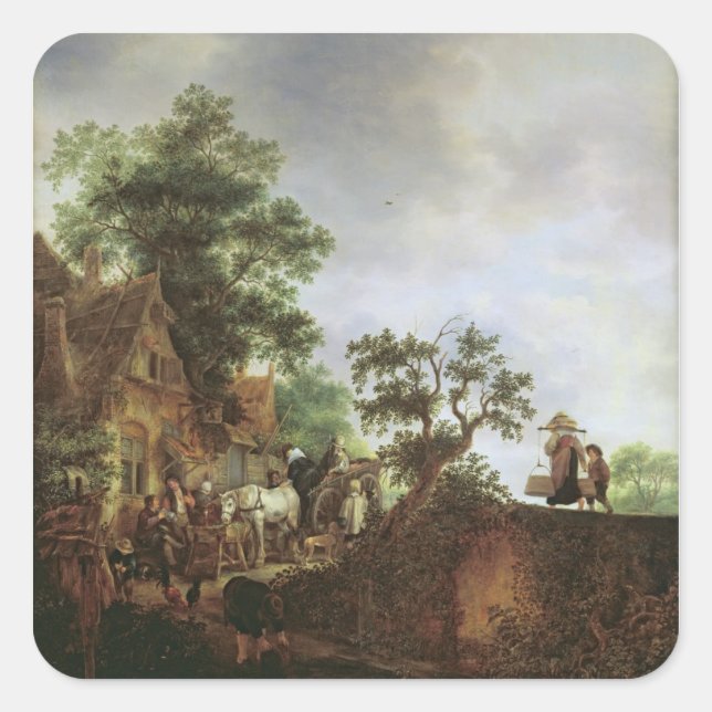 Travellers by an Inn (oil on canvas) Square Sticker (Front)