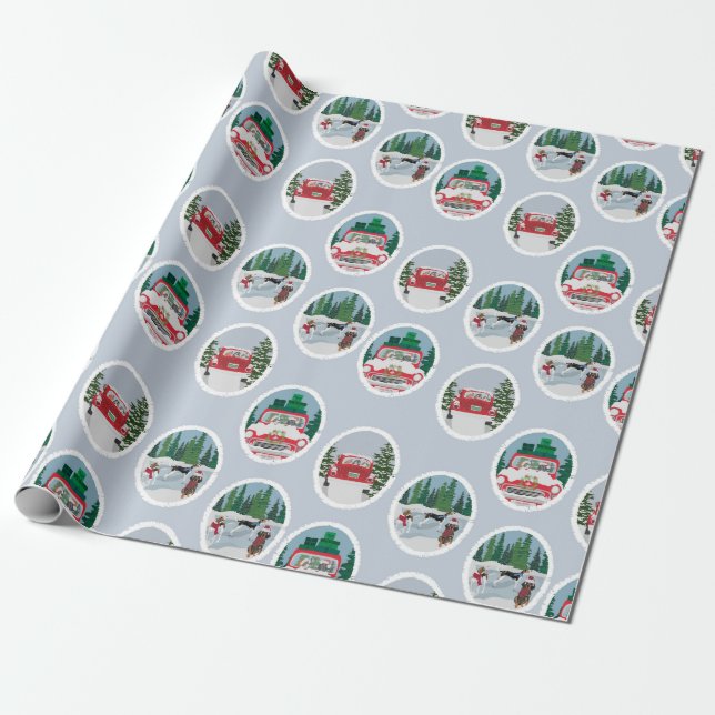 Travelling Coonhounds on Blue Wrapping Paper (Unrolled)