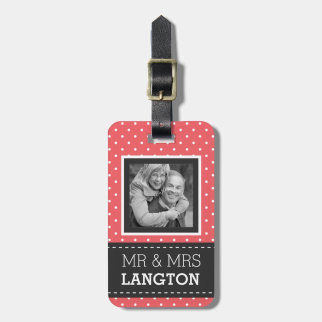 Travelling Couple Mr and Mrs Polka Dot Photo Luggage Tag (Front Vertical)