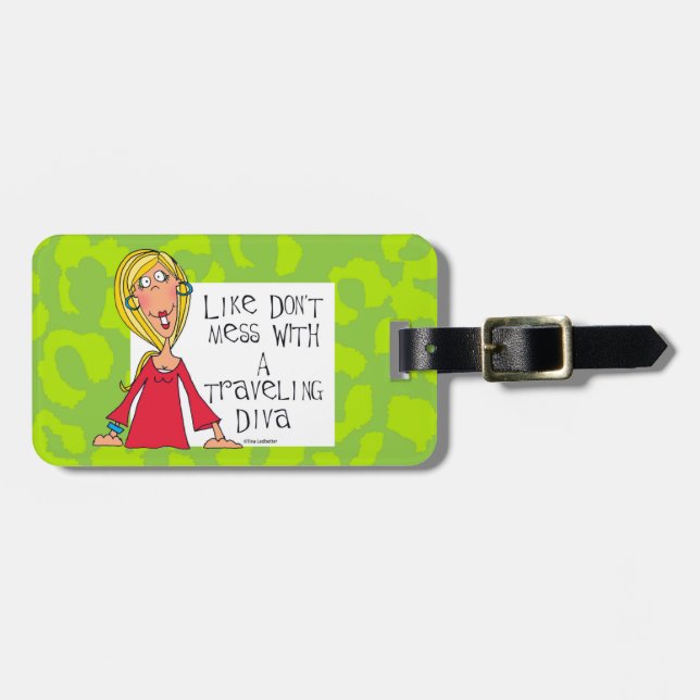 Travelling Diva Luggage tag green (Front Horizontal)