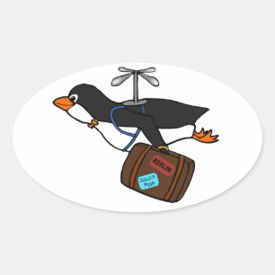 Travelling Flying Helicopter Penguin with Suitcase Oval Sticker