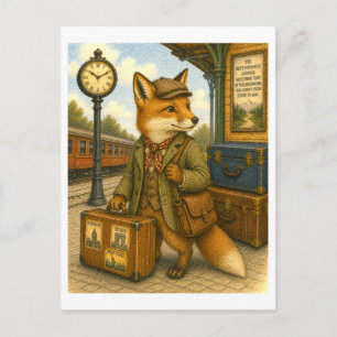 Travelling Fox Illustration Postcard