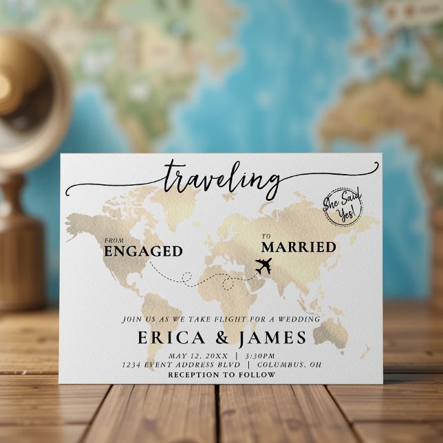 Travelling from Engaged to Married Gold Map Weddin Invitation (Traveling from Engaged to Married Gold Map Wedding Invitation
)