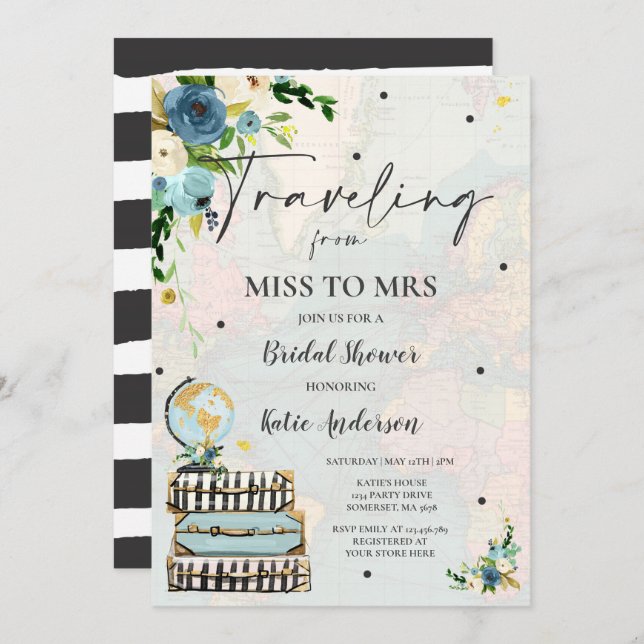 Travelling From Miss to Mrs Bridal Shower Map Brid Invitation (Front/Back)