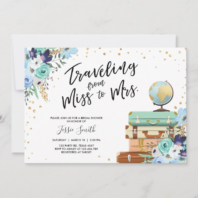 Travelling From Miss to Mrs Floral Bridal Shower Invitation (Front)
