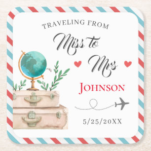 Travelling from Miss to Mrs Travel Bridal Shower Square Paper Coaster
