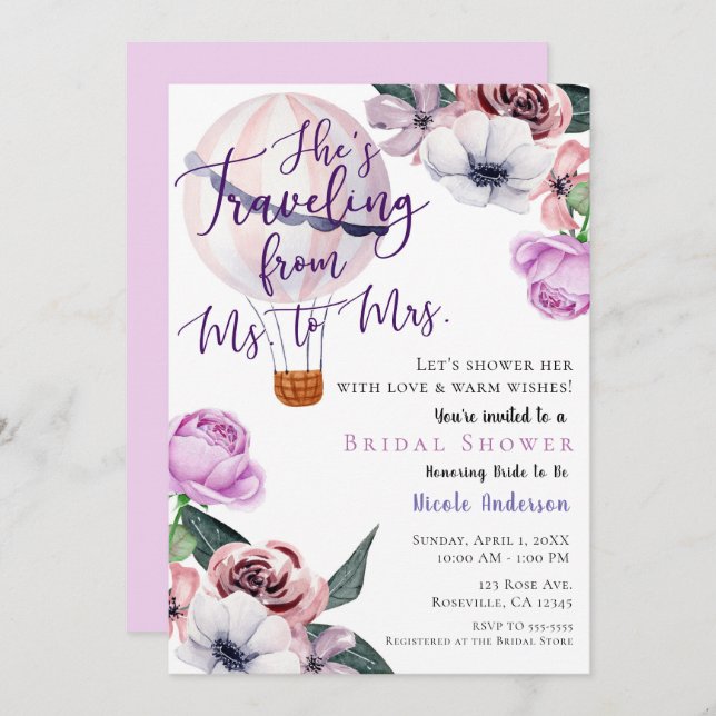 Travelling From Ms. to Mrs. Bridal Shower lavender Invitation (Front/Back)