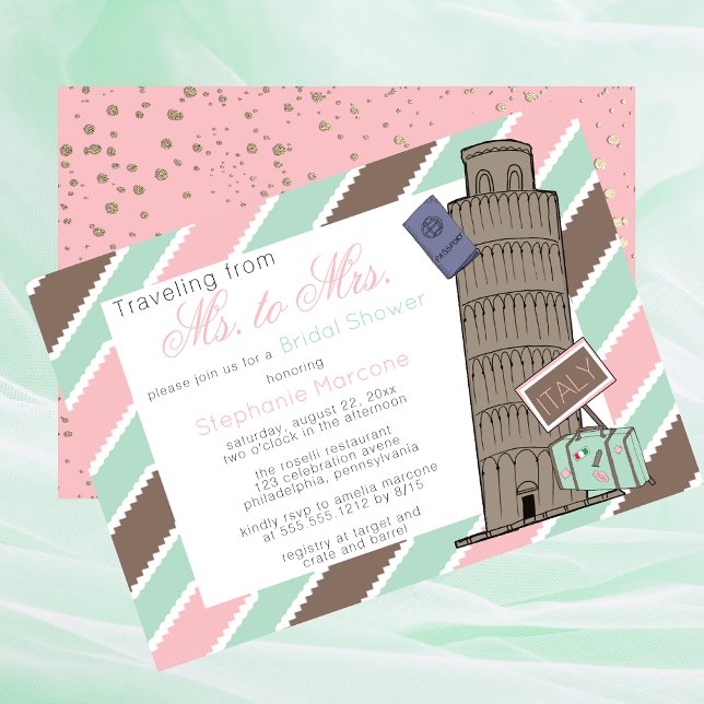 Travelling from Ms to Mrs Italy Theme Bridal Showe Invitation (Traveling From Ms To Mrs Italy Travel Destination Leaning Tower of Pisa Bridal Shower Invitation)