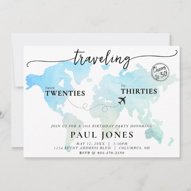 Travelling from Twenties to Thirties 30th Birthday Invitation (Front)