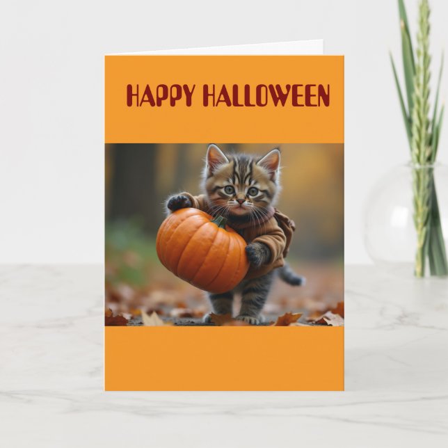 Travelling hobo kitty with pumpkin card (Front)