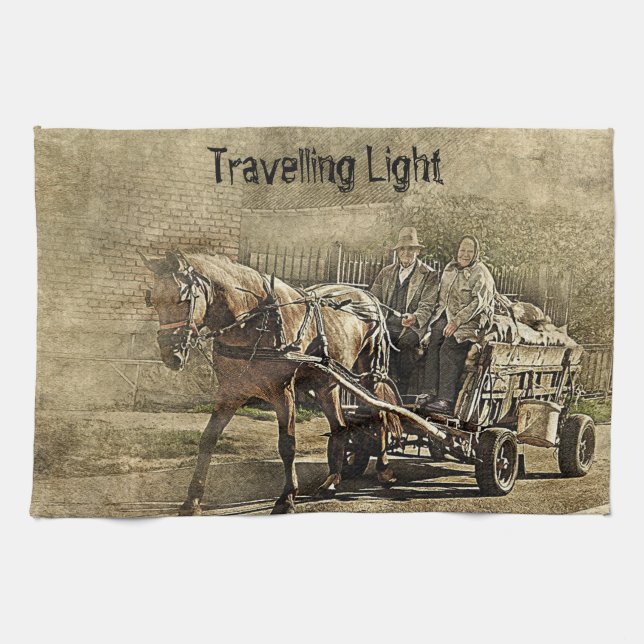 Travelling Light Old Couple on Wagon Tea Towel (Horizontal)