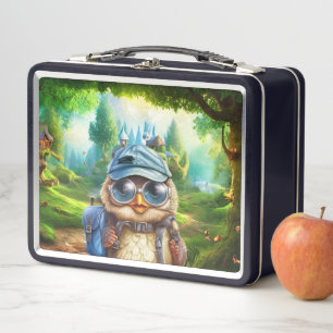Travelling owl on an enchanted forest metal lunch box