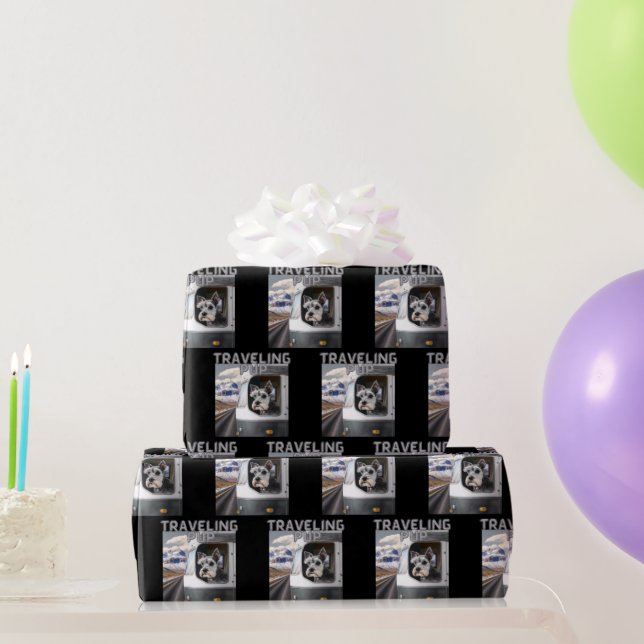Travelling Pup Schnauzer Dog Black Wrapping Paper  (Party Gifts)