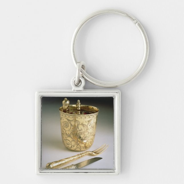 Travelling set of a knife, fork, spoon and beaker, key ring (Front)