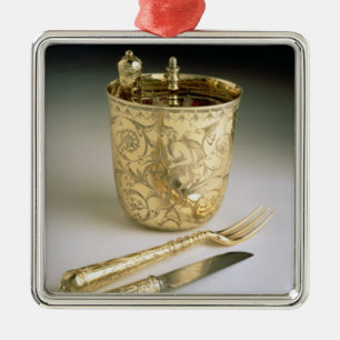 Travelling set of a knife, fork, spoon and beaker, metal tree decoration