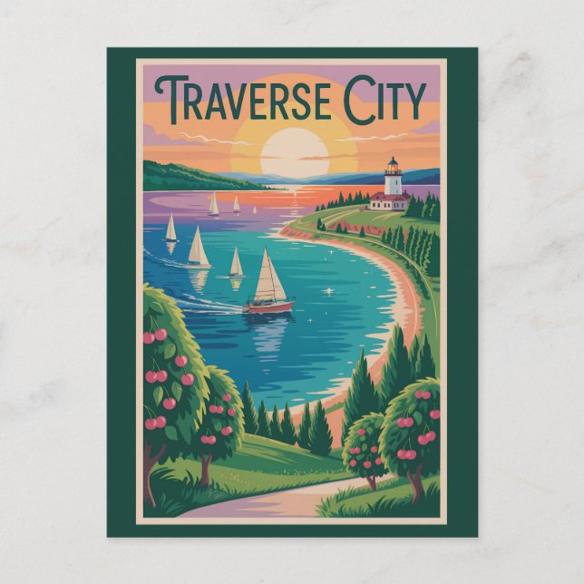 Traverse City Lake Michigan Illustration Travel Postcard (Front)