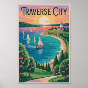 Traverse City Lake Michigan Illustration Travel Poster