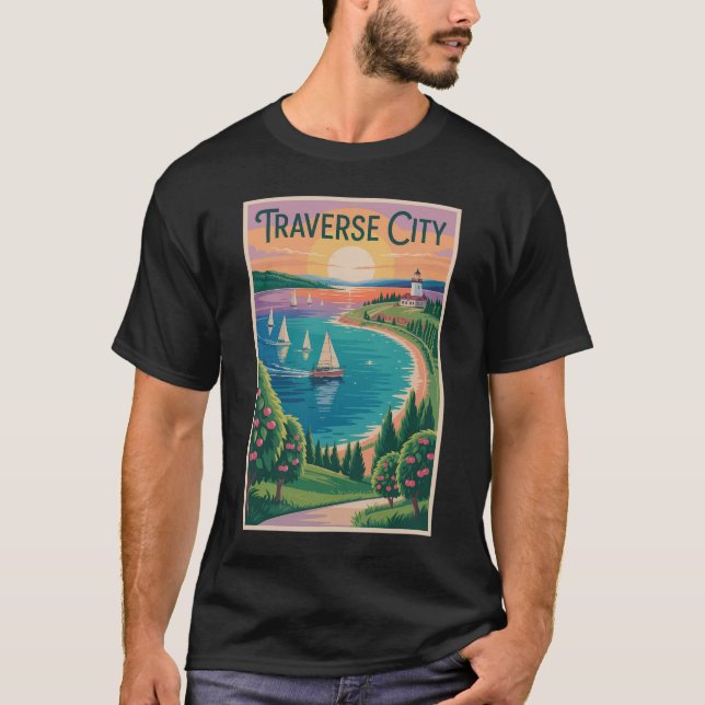 Traverse City Lake Michigan Illustration Travel T-Shirt (Front)