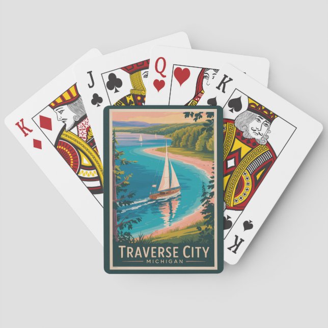 Traverse City Michigan Illustration Travel Art  Playing Cards (Back)