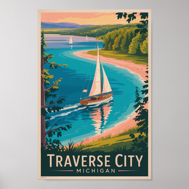 Traverse City Michigan Illustration Travel Art  Poster (Front)
