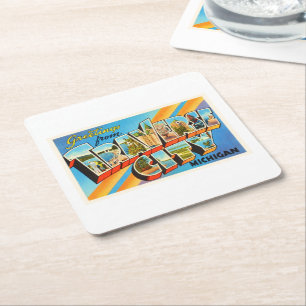 Traverse City Michigan MI Vintage Travel Souvenir Square Paper Coaster