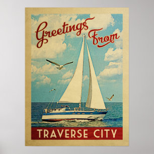 Traverse City Sailboat Vintage Travel Michigan Poster