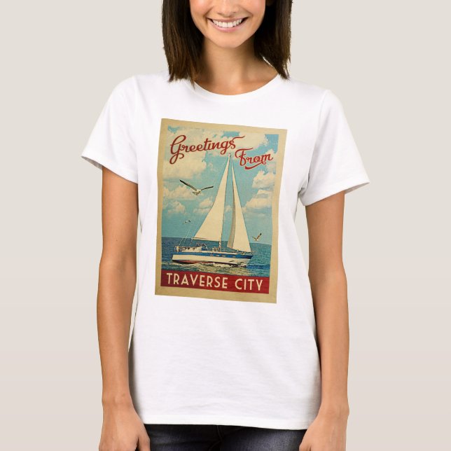 Traverse City Sailboat Vintage Travel Michigan T-Shirt (Front)