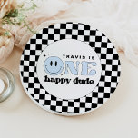 TRAVIS Blue One Happy Dude Smile Face Birthday Paper Plate<br><div class="desc">This one happy dude first birthday paper plate features a fun retro font and blue smiley face with a chequered background. This plate is perfect for your little man to celebrate his first big birthday! Pair with anything in the TRAVIS Collection for a cohesive look.</div>