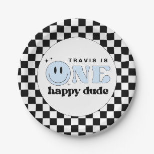 TRAVIS Blue One Happy Dude Smile Face Birthday Paper Plate