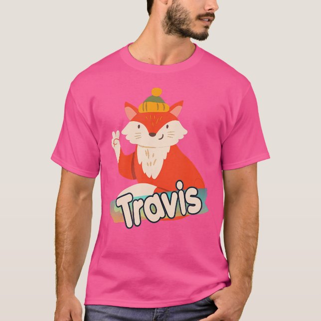 Travis Cute Boy Name With Cool Fox T-Shirt (Front)