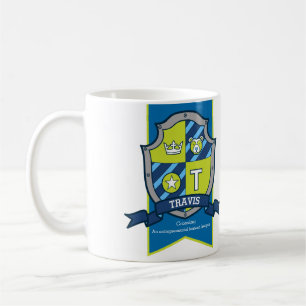 Travis letter T heraldry green blue name meaning Coffee Mug