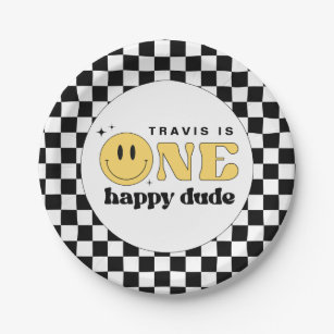 TRAVIS One Happy Dude Smile Face Birthday Paper Plate