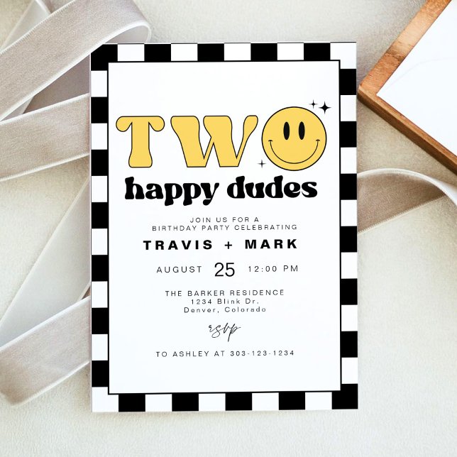 TRAVIS Two Happy Dudes Smile Face First Birthday Invitation (Creator Uploaded)