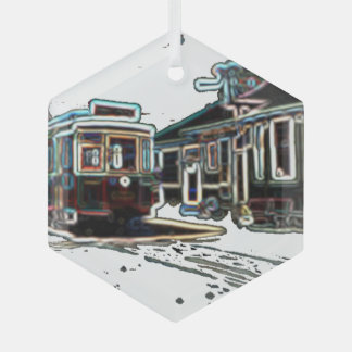 TRC Neon streetcar at stn Hexagon Glass Ornament