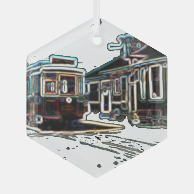 TRC Neon streetcar at stn Hexagon Glass Ornament (Front)