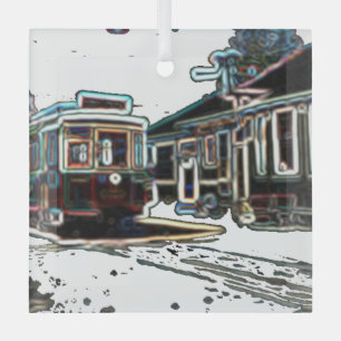 TRC Neon streetcar at stn Square Glass Ornament