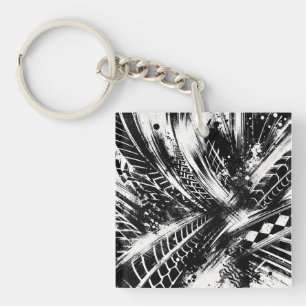Tread & Chaos – Abstract Black-and-White Tire Trac Key Ring