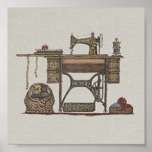 Treadle Sewing Machine & Kittens Poster