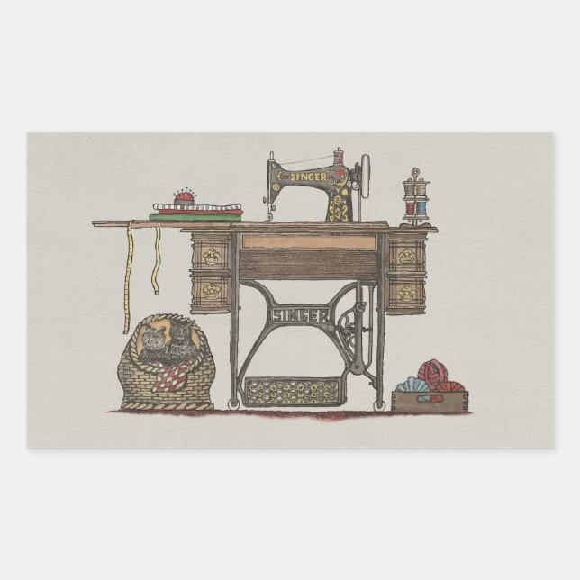 Treadle Sewing Machine & Kittens Rectangular Sticker (Front)
