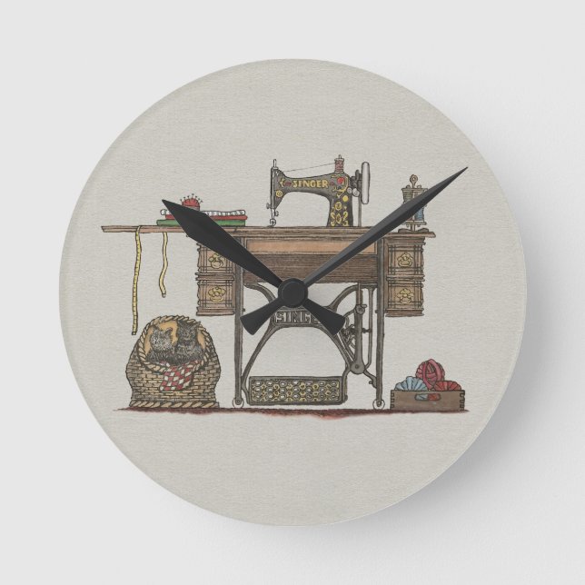 Treadle Sewing Machine & Kittens Round Clock (Front)