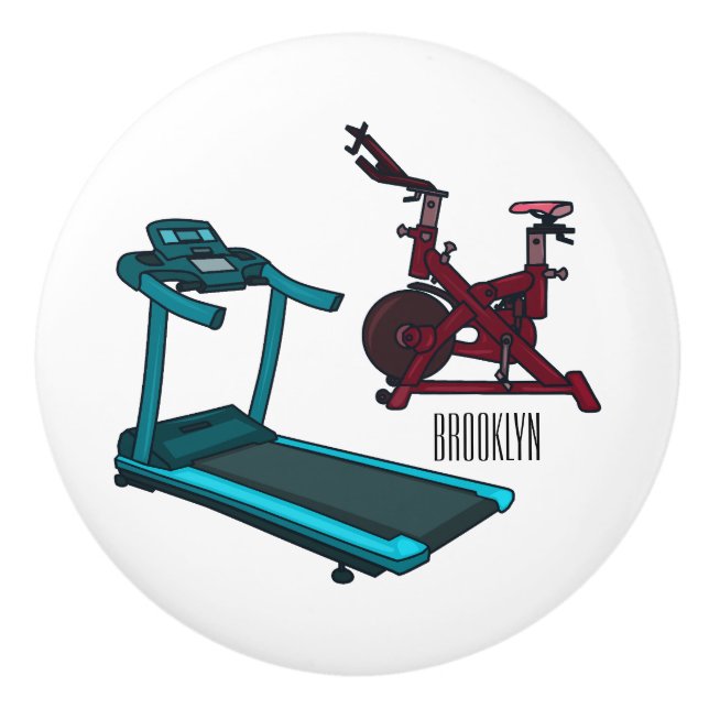 Treadmill & spinning bike cartoon illustration ceramic knob (Front)
