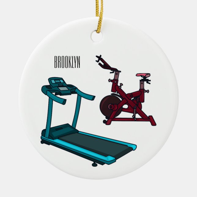 Treadmill & spinning bike cartoon illustration ceramic tree decoration (Front)