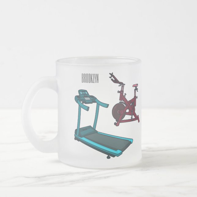 Treadmill & spinning bike cartoon illustration frosted glass coffee mug (Left)