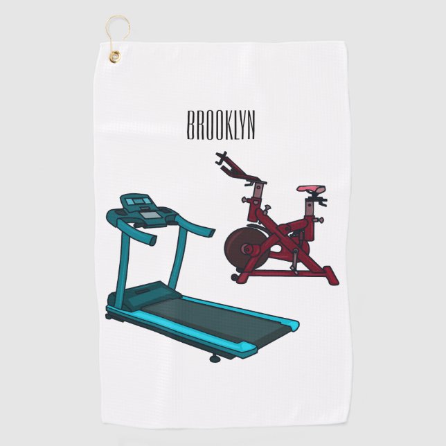 Treadmill & spinning bike cartoon illustration golf towel (Front)