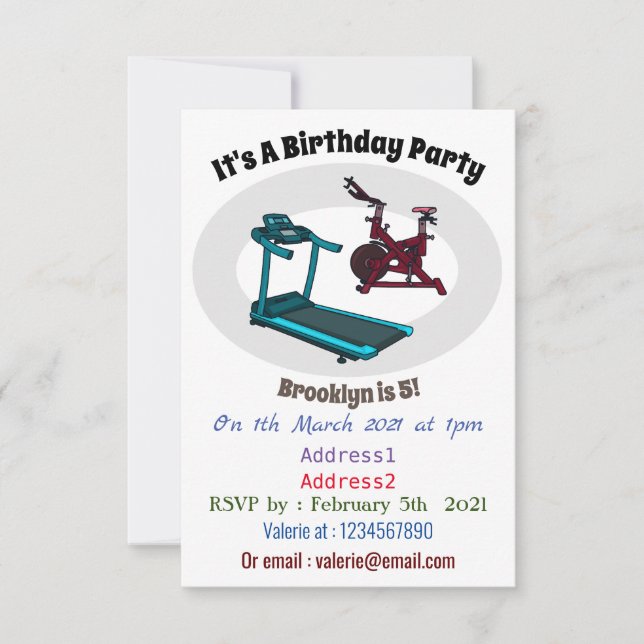 Treadmill & spinning bike cartoon illustration invitation (Front)