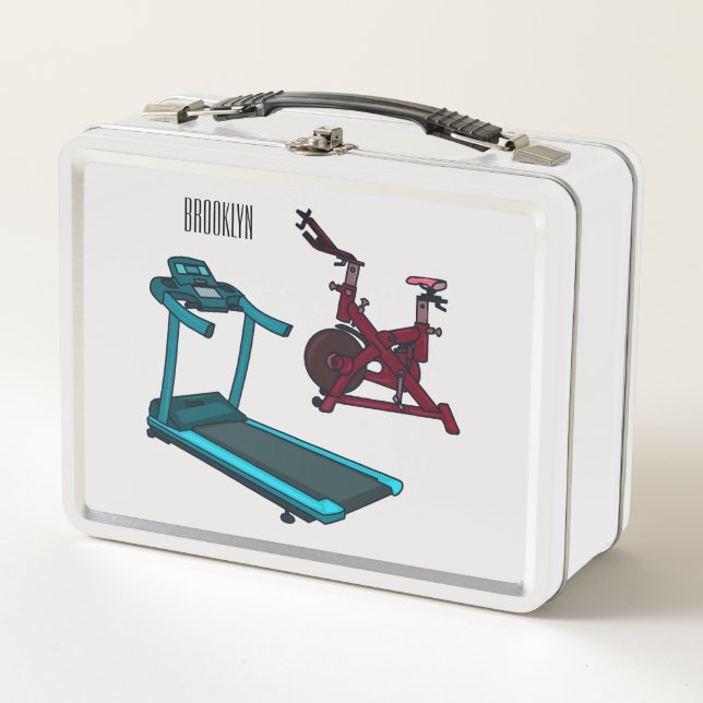 Treadmill & spinning bike cartoon illustration metal lunch box (Front)