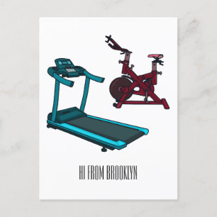 Treadmill & spinning bike cartoon illustration postcard